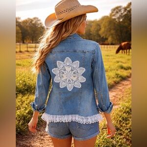 Upcycled Denim & Lace Jacket Small jacket Lace and Rhinestones Jean Jacket